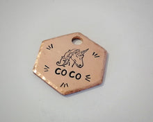 Load image into Gallery viewer, Hexagon cat id tag, hand stamped with unicorn design
