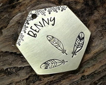 Load image into Gallery viewer, Hexagon dog tag, hand stamped with boho design &amp; feathers
