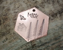 Load image into Gallery viewer, Hexagon dog name tag, handstamped with cabin &amp; trees
