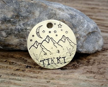 Load image into Gallery viewer, Pet id tag, hand stamped with mountain, moon &amp; stars
