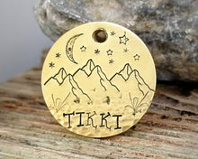 Load image into Gallery viewer, Pet id tag, hand stamped with mountain, moon &amp; stars
