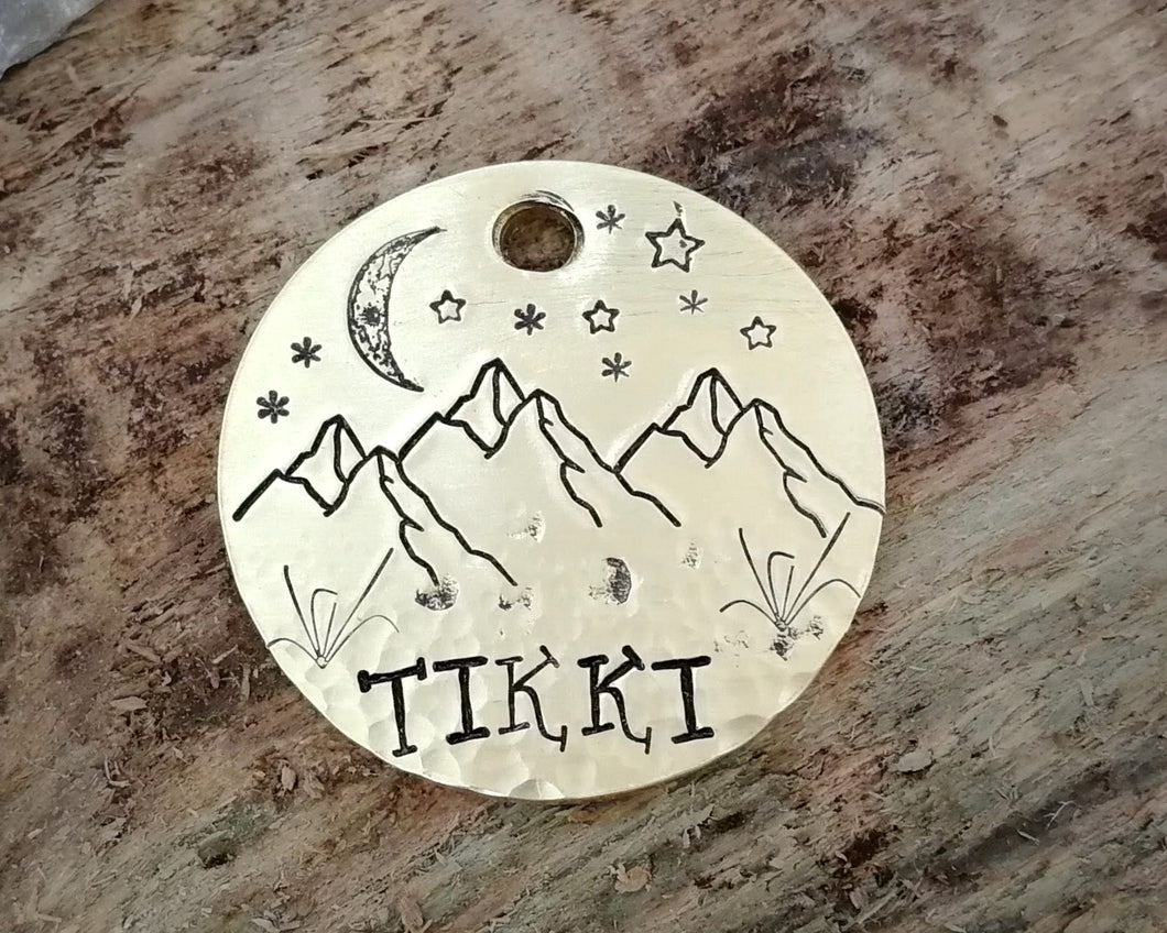 Pet id tag, hand stamped with mountain, moon & stars