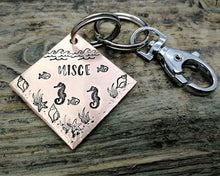 Load image into Gallery viewer, Square dog tag &amp; matching keychain, handstamped with seahorse design
