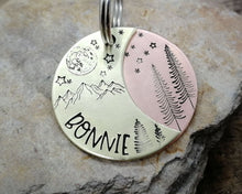 Load image into Gallery viewer, Dog tag, hand stamped with moon, stars &amp; trees
