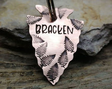 Load image into Gallery viewer, Arrowhead dog id tag with matching keychain hand stamped with fern design
