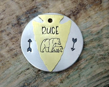Load image into Gallery viewer, Arrowhead dog tag handstamped with bear
