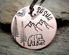 Load image into Gallery viewer, Dog id tag with matching keychain, hand stamped with adventure design
