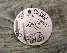Load image into Gallery viewer, Dog Tag, hand stamped with mountains, bear &amp; trees

