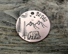 Load image into Gallery viewer, Dog Tag, hand stamped with mountains, bear &amp; trees
