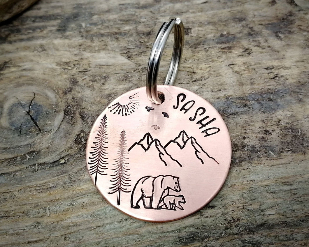 Dog Tag, hand stamped with mountains, bear & trees