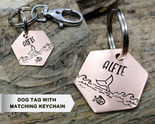 Load image into Gallery viewer, Hexagon dog tag &amp; matching keychain, handmade dog lover gift idea
