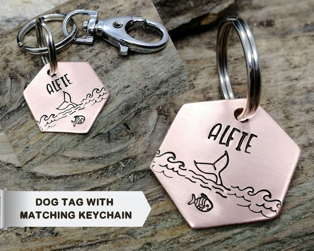 Hexagon dog tag & matching keychain, handmade dog lover gift idea