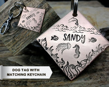 Load image into Gallery viewer, Square dog tag with matching keychain, handstamped with ocean design
