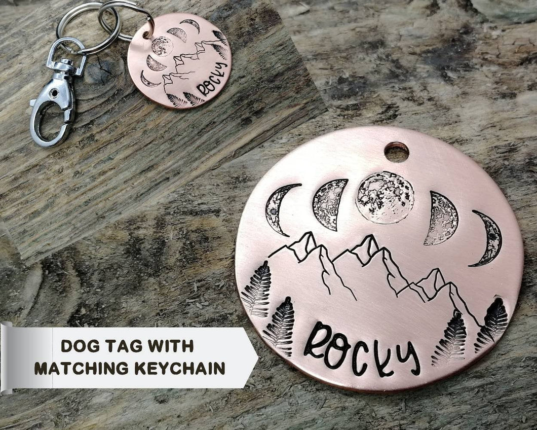 Pet tag and matching keychain, hand stamped with moon phase design
