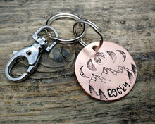 Load image into Gallery viewer, Pet tag and matching keychain, hand stamped with moon phase design
