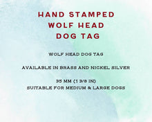 Load image into Gallery viewer, Wolf head dog tag, hand stamped with adventure design, mountains &amp; trees
