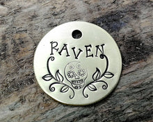 Load image into Gallery viewer, Pet tag, &amp; matching keychain, dog lover gift hand stamped with sugar skull design
