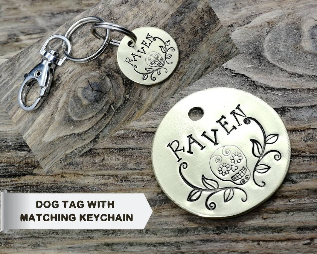 Pet tag, & matching keychain, dog lover gift hand stamped with sugar skull design