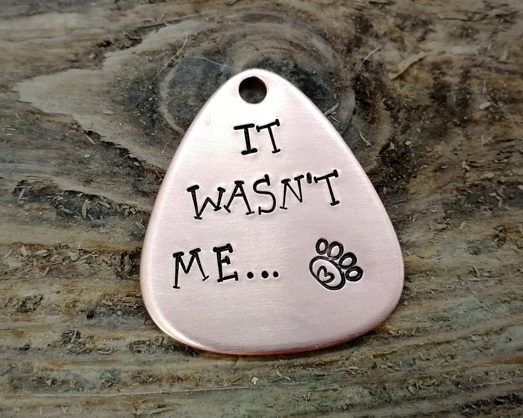 Guitar pick pet tag, hand stamped with 'It wasn't me'