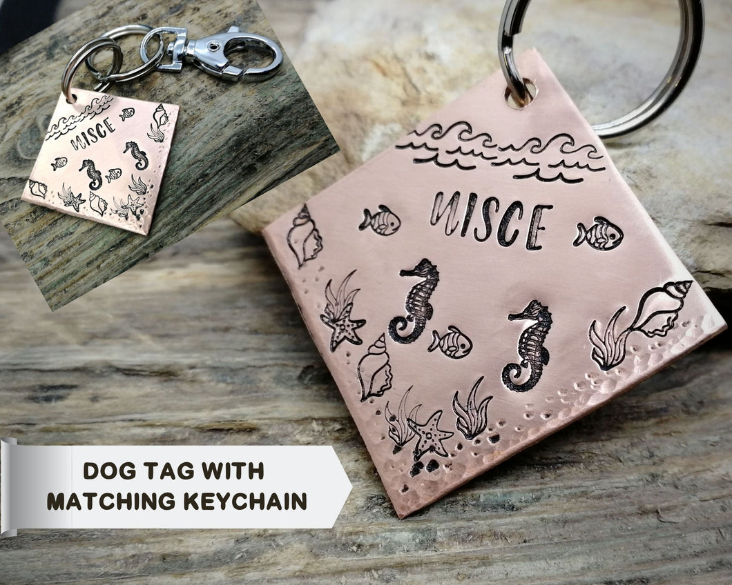 Square dog tag & matching keychain, handstamped with seahorse design