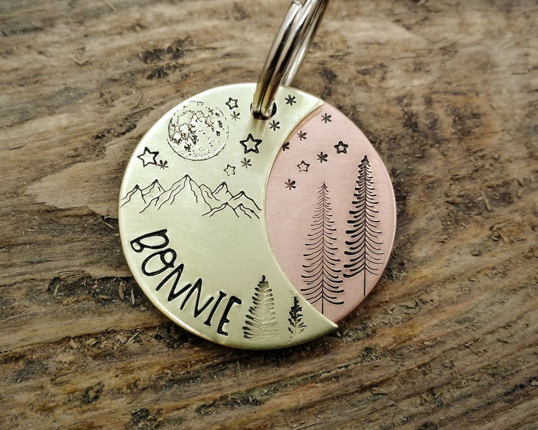 Dog tag, hand stamped with moon, stars & trees