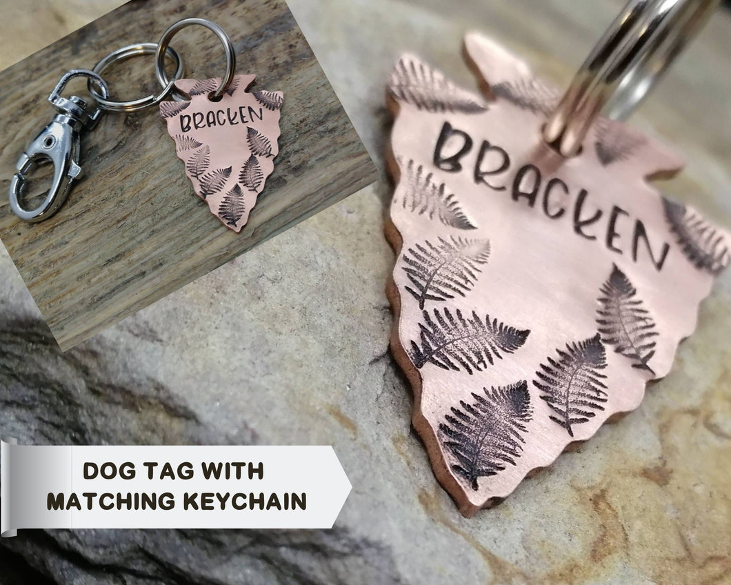 Arrowhead dog id tag with matching keychain hand stamped with fern design