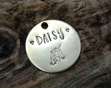 Load image into Gallery viewer, Samll pet id tag, hand stamped with unicorn design
