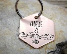 Load image into Gallery viewer, Small hexagon dog id tag, hand stamped with ocean design &amp; whale fluke
