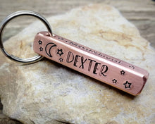 Load image into Gallery viewer, Bar tag, pet id tag, hand stamped with moon &amp; stars
