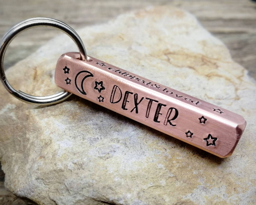 Bar tag, pet id tag, hand stamped with moon & stars