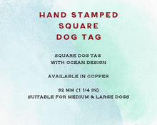 Load image into Gallery viewer, Square dog tag, handstamped with ocean design, seahorse &amp; fish
