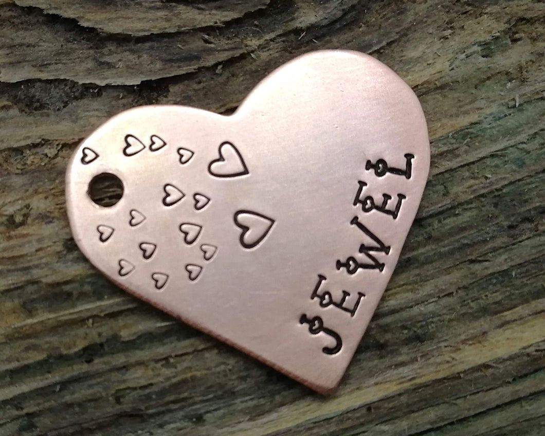 Medium dog name tag, hand stamped with hearts