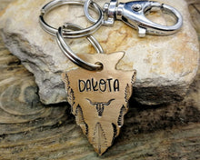 Load image into Gallery viewer, Hand-stamped arrowhead dog tag with matching keychain
