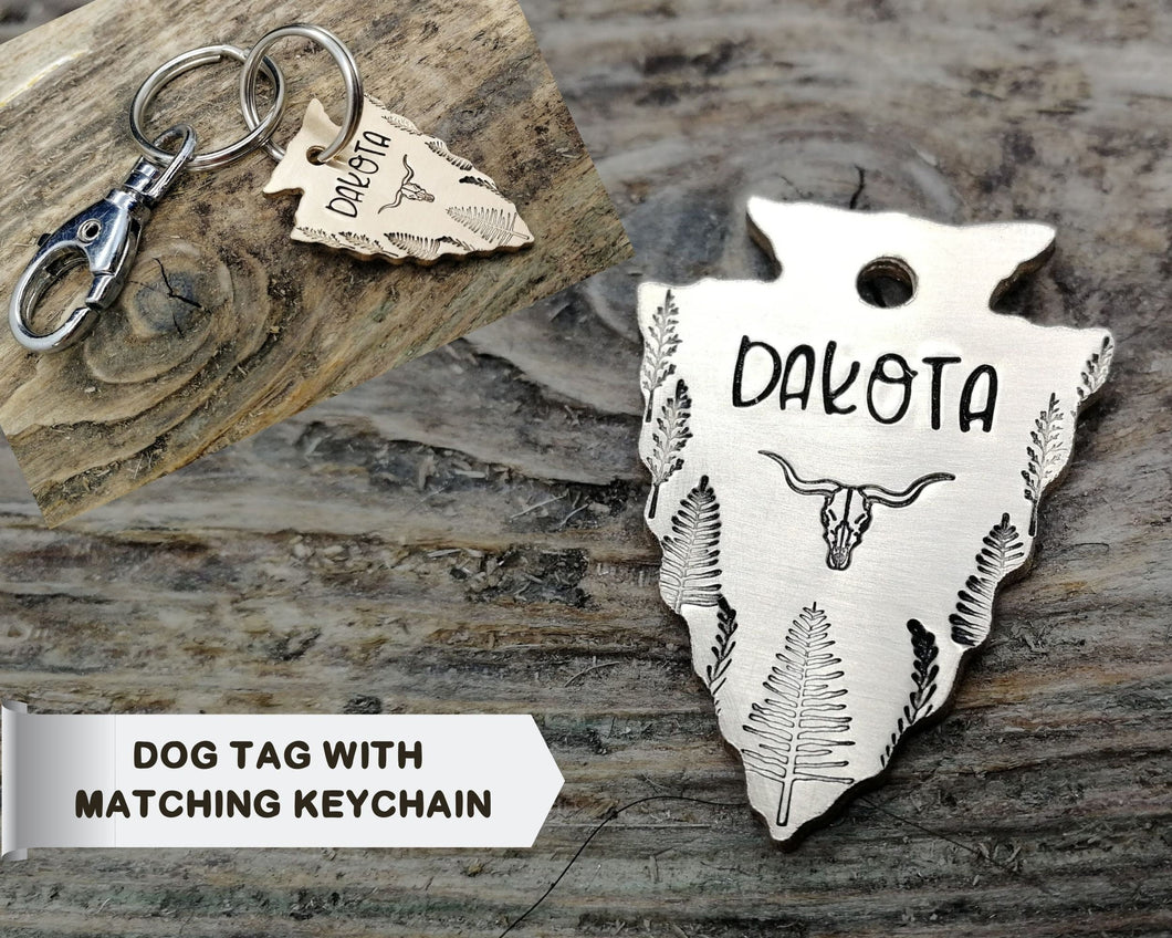 Hand-stamped arrowhead dog tag with matching keychain