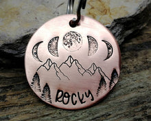 Load image into Gallery viewer, Pet tag and matching keychain, hand stamped with moon phase design

