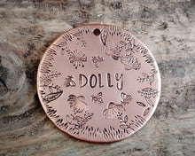 Load image into Gallery viewer, Large dog id tag, hand stamped with flower design &amp; bees

