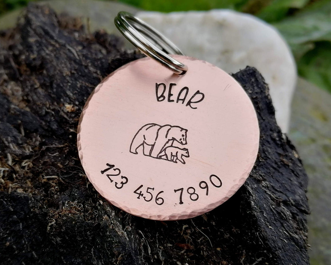Large pet id tag, hand stamped with mama bear & phone number
