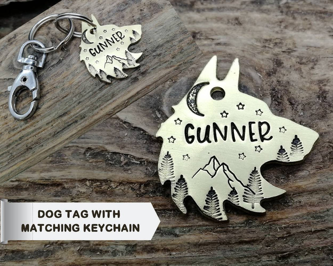 Wolf head dog tag & matchinh keychain, handmade dog lover gift idea