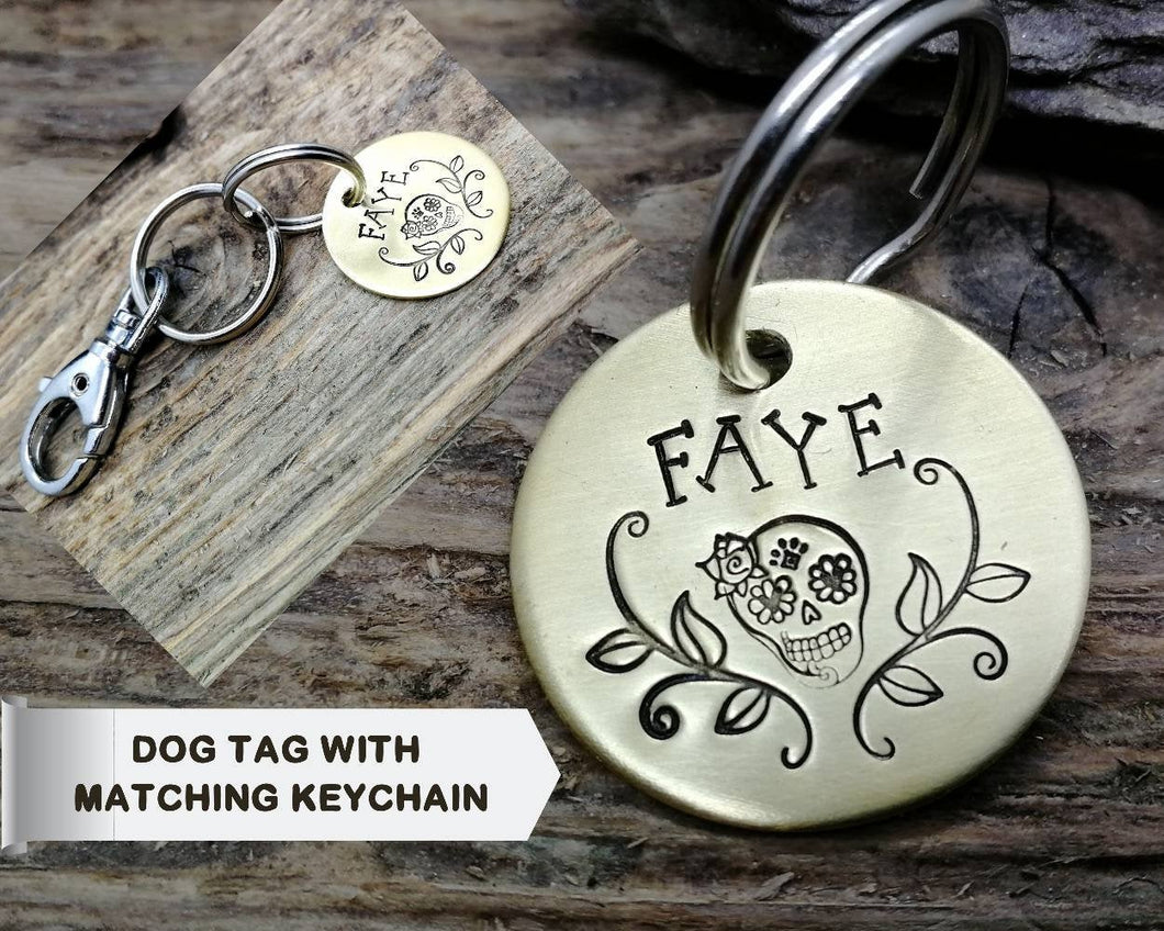 Dog id tag with matching keychain, hand stamped pet lover gift idea