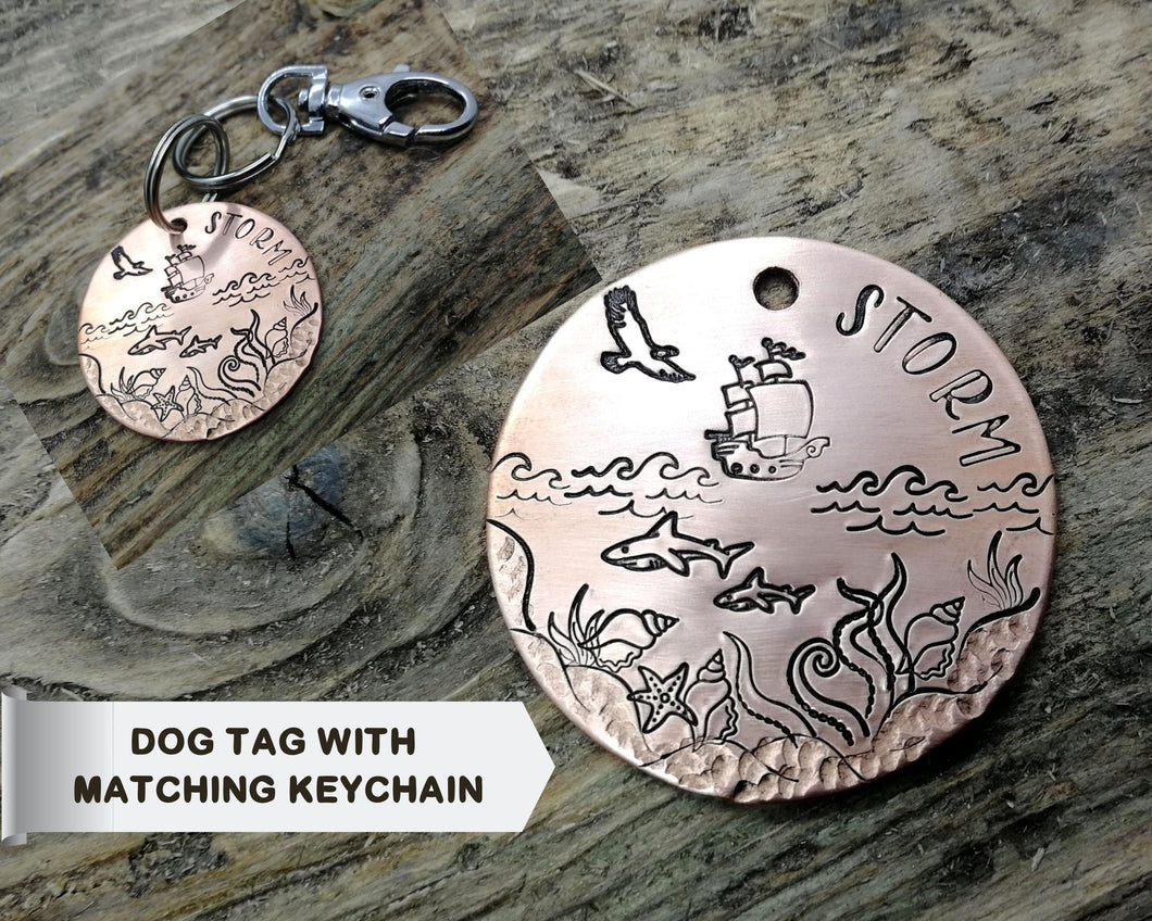Dog tag with a matching keychain, hand stamped with ocean design