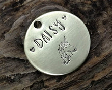 Load image into Gallery viewer, Samll pet id tag, hand stamped with unicorn design
