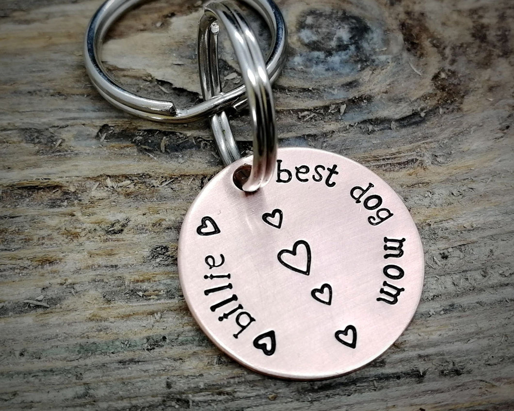 'Best dog mom' keychain, handstamped with the dog's name & hearts