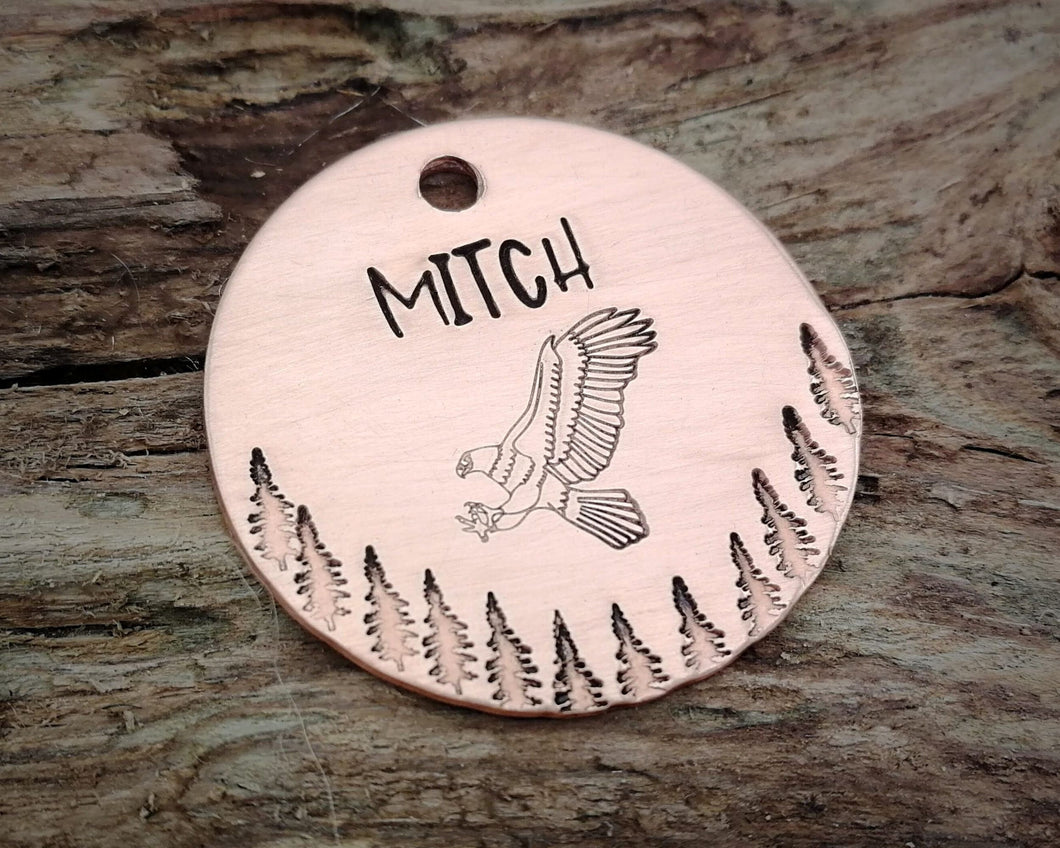 Dog tag, hand stamped with soaring eagle & trees