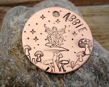 Load image into Gallery viewer, Dog tag, hand stamped with fairy &amp; mushrooms

