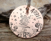 Load image into Gallery viewer, Dog tag, hand stamped with fairy &amp; mushrooms
