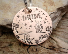 Load image into Gallery viewer, Fairy pet tag, hand stamped with mushrooms &amp; fairy
