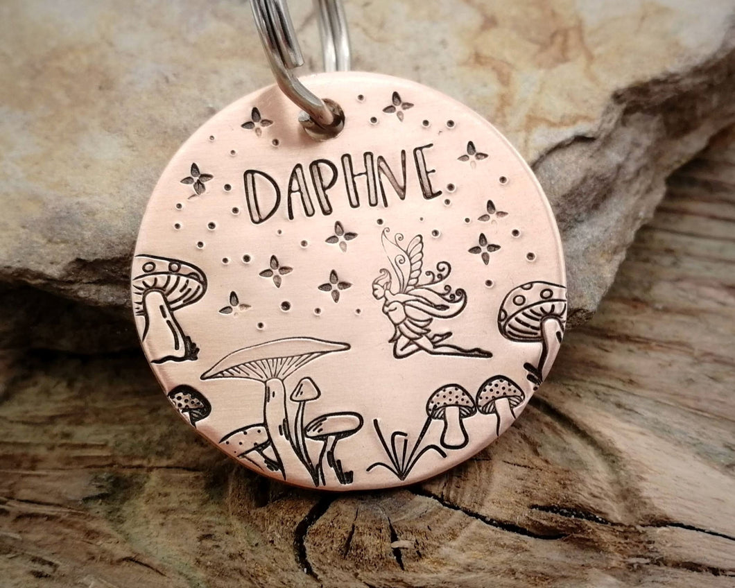 Fairy pet tag, hand stamped with mushrooms & fairy