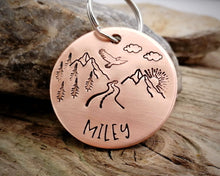 Load image into Gallery viewer, Dog tag, hand stamped with mountains, trees &amp; eagle
