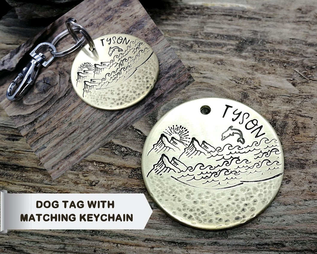 Dog tag & matching keychain, hand stamped dog lover gift with ocean design