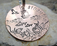 Load image into Gallery viewer, Large dog id tag, hand stamped with nautical design, ship &amp; sharks
